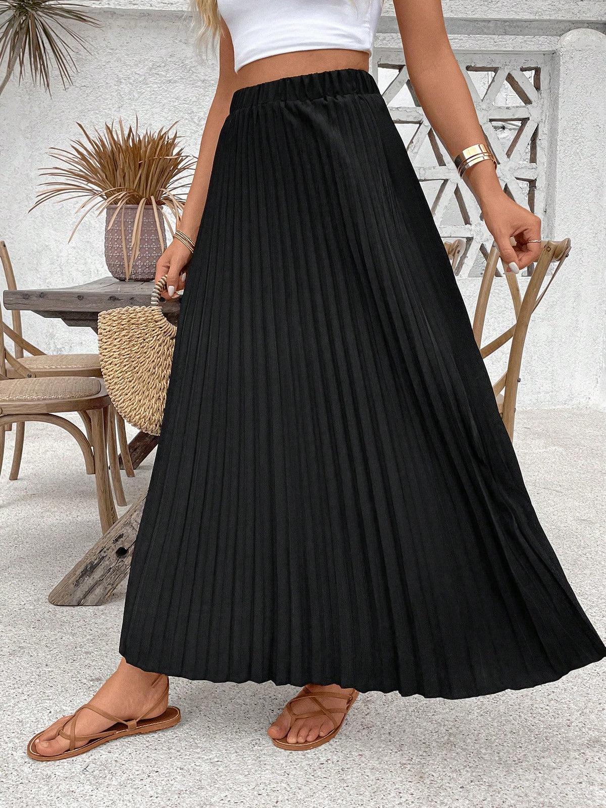 Breezaya Women's Black Pleated Maxi Skirt,High Waist Elegant Summer Casual Holiday Vacation Beach Skirts,Solid Color Boho Regular Fit Ladies Daily Wear