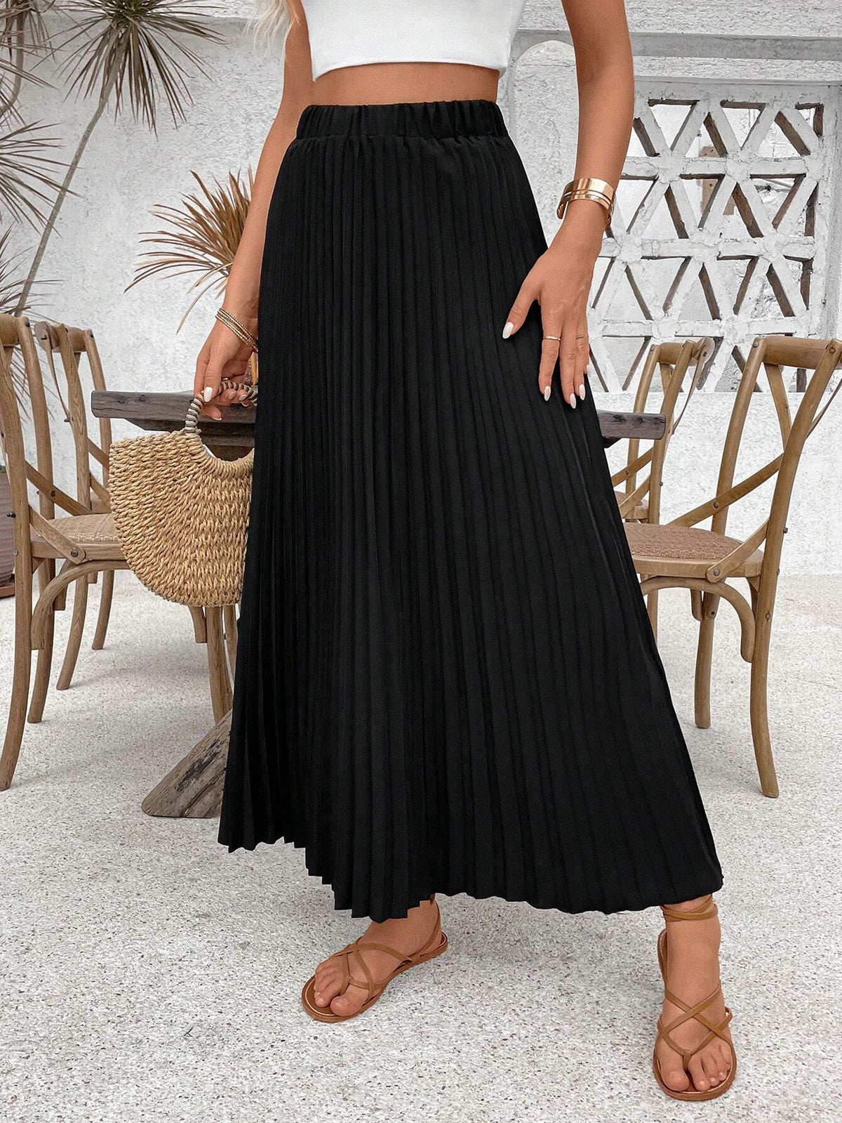 Breezaya Women's Black Pleated Maxi Skirt,High Waist Elegant Summer Casual Holiday Vacation Beach Skirts,Solid Color Boho Regular Fit Ladies Daily Wear