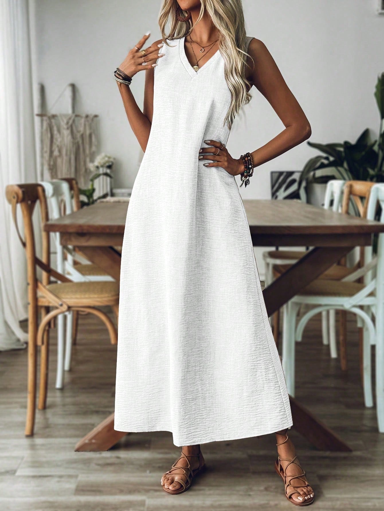 Breezaya Women's V-Neck Sleeveless Solid Color Casual Loose Comfortable Dress Maxi Women Outfit