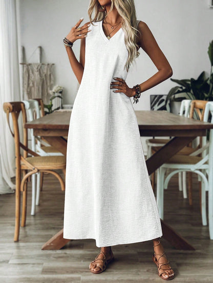 Breezaya Women's V-Neck Sleeveless Solid Color Casual Loose Comfortable Dress Maxi Women Outfit