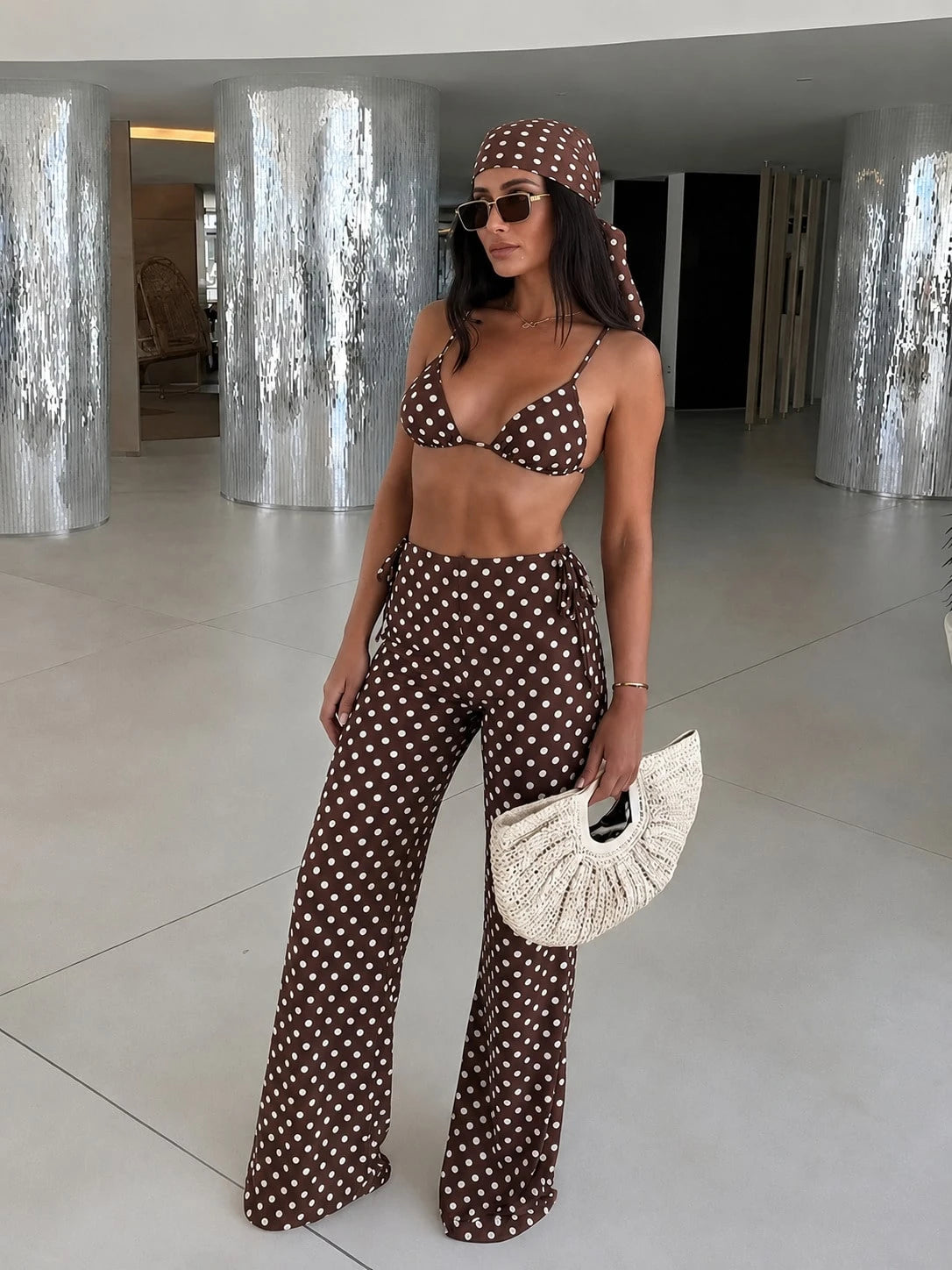 Brown & White Polka Dot Halter Bikini 3-Piece Set, Mesh Wide Leg Cover Up, Sexy Vacation Style Swimwear