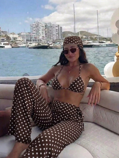 Brown & White Polka Dot Halter Bikini 3-Piece Set, Mesh Wide Leg Cover Up, Sexy Vacation Style Swimwear