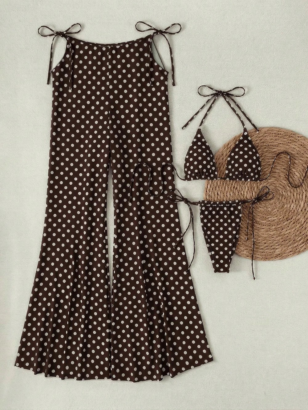 Brown & White Polka Dot Halter Bikini 3-Piece Set, Mesh Wide Leg Cover Up, Sexy Vacation Style Swimwear
