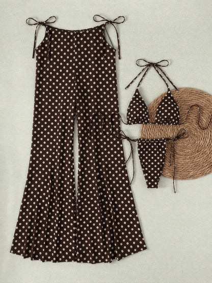Brown & White Polka Dot Halter Bikini 3-Piece Set, Mesh Wide Leg Cover Up, Sexy Vacation Style Swimwear