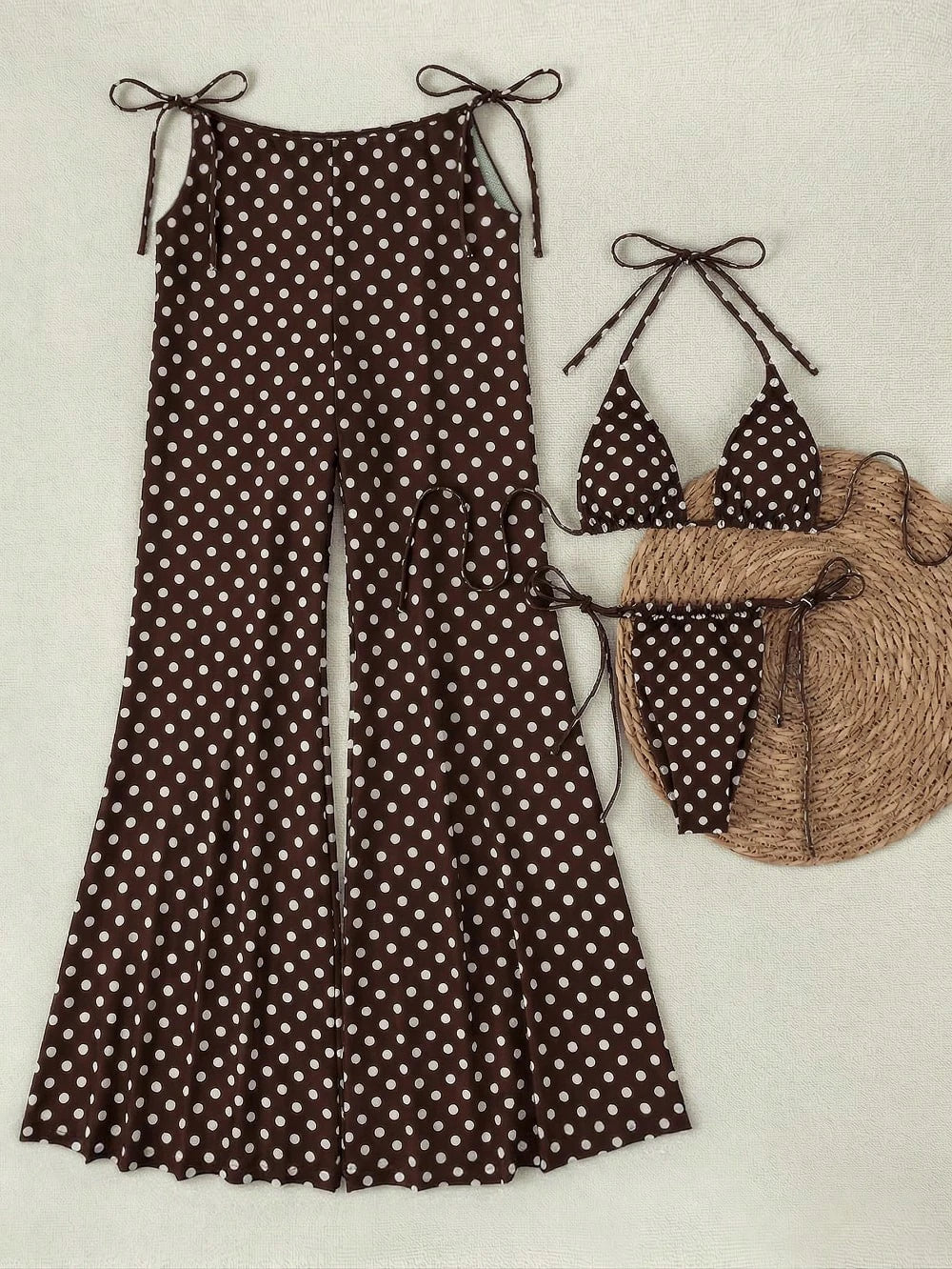 Brown & White Polka Dot Halter Bikini 3-Piece Set, Mesh Wide Leg Cover Up, Sexy Vacation Style Swimwear