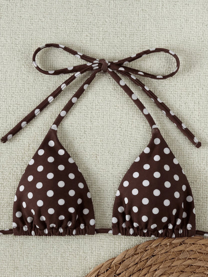 Brown & White Polka Dot Halter Bikini 3-Piece Set, Mesh Wide Leg Cover Up, Sexy Vacation Style Swimwear