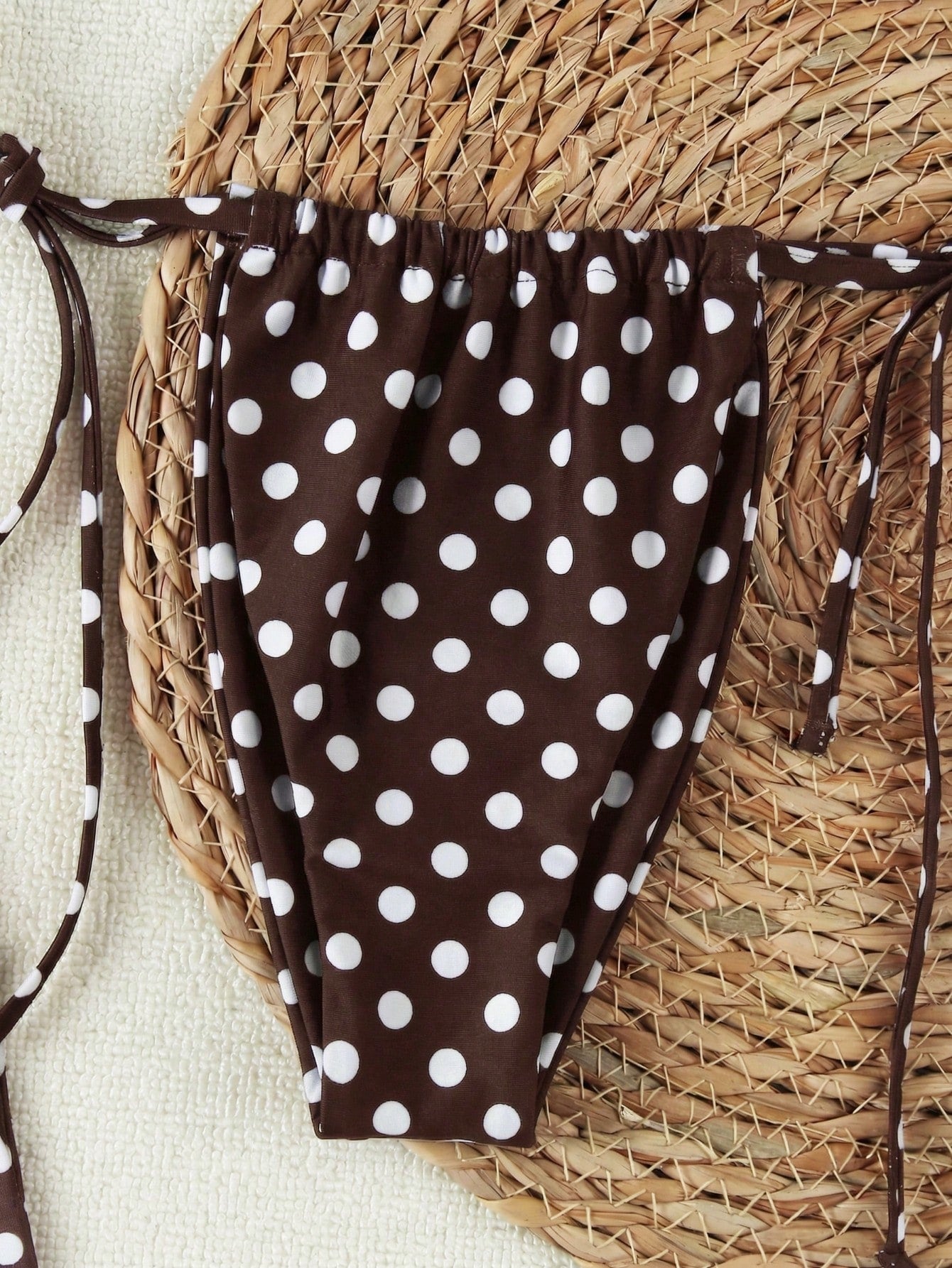 Brown & White Polka Dot Halter Bikini 3-Piece Set, Mesh Wide Leg Cover Up, Sexy Vacation Style Swimwear