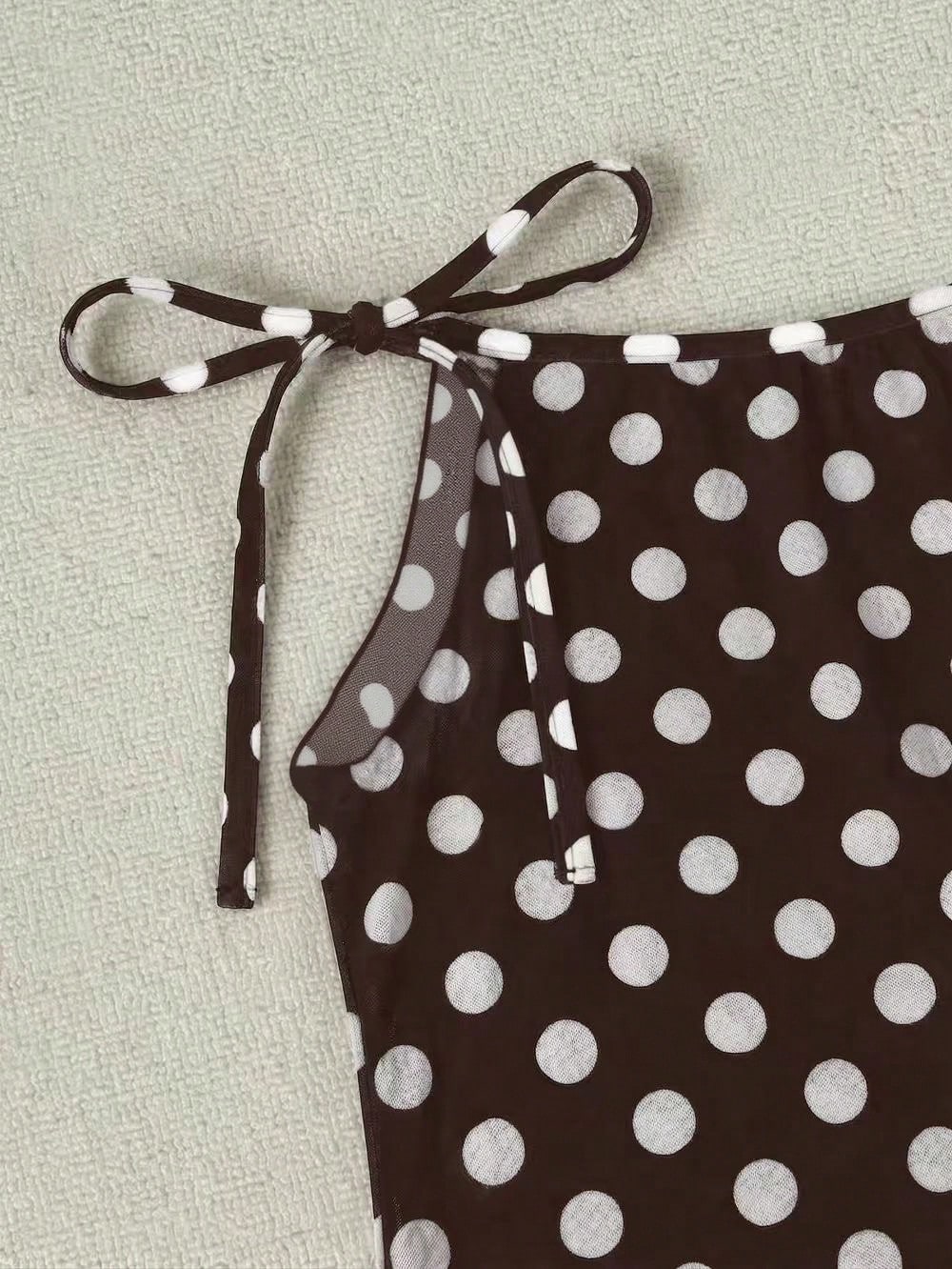 Brown & White Polka Dot Halter Bikini 3-Piece Set, Mesh Wide Leg Cover Up, Sexy Vacation Style Swimwear