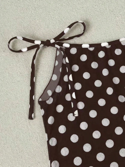 Brown & White Polka Dot Halter Bikini 3-Piece Set, Mesh Wide Leg Cover Up, Sexy Vacation Style Swimwear