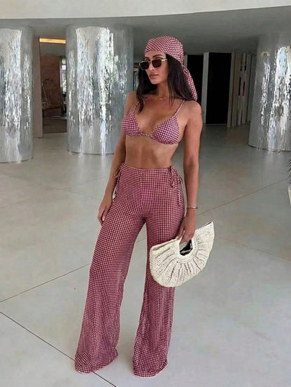 Brown & White Polka Dot Halter Bikini 3-Piece Set, Mesh Wide Leg Cover Up, Sexy Vacation Style Swimwear