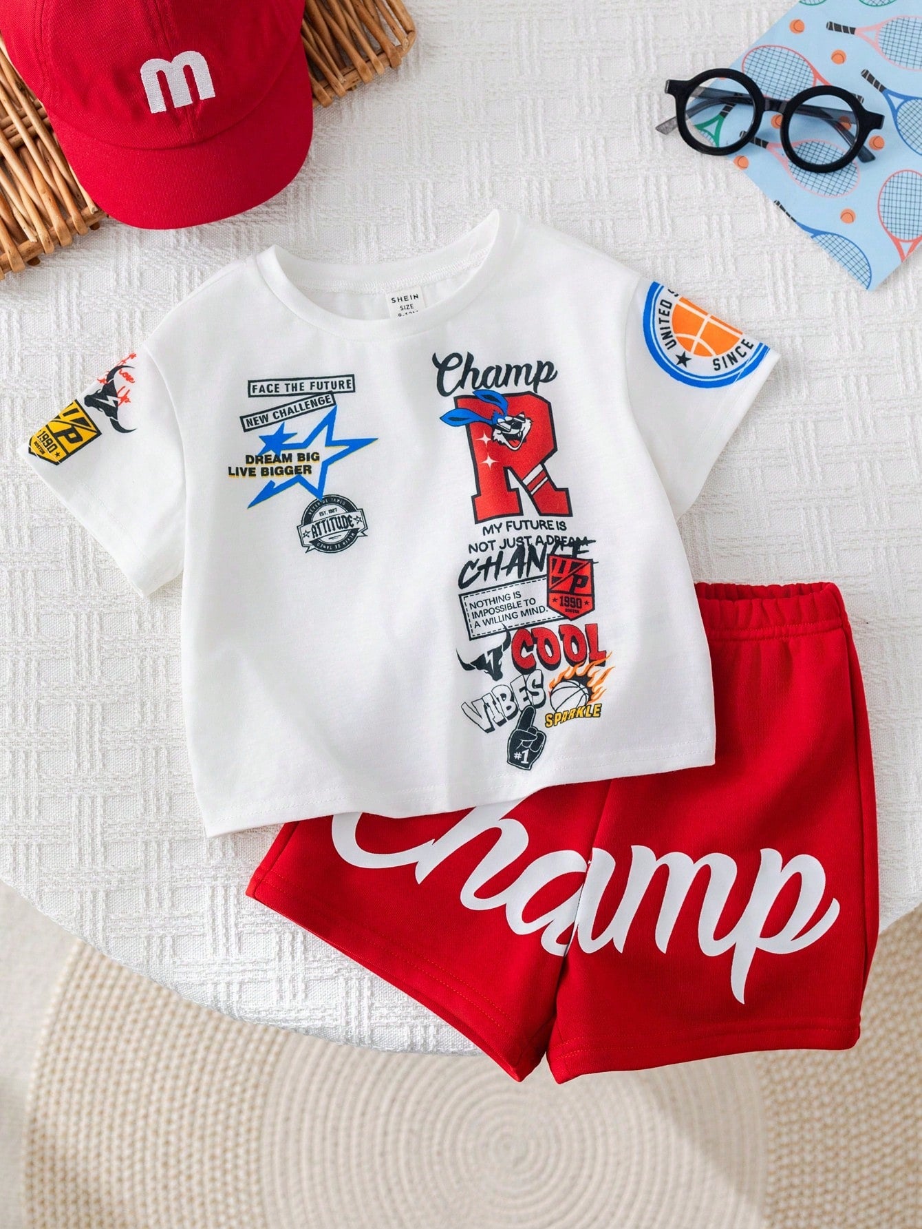 Bubblio 2pcs/Set Baby Boy Cute Summer Casual Sports Letter Print Short Sleeve T-Shirt & Elastic Waist Shorts Set