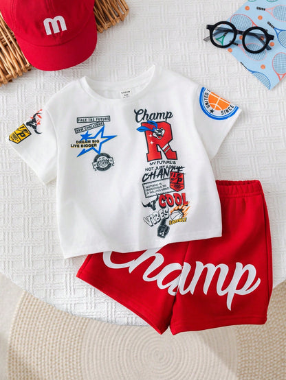 Bubblio 2pcs/Set Baby Boy Cute Summer Casual Sports Letter Print Short Sleeve T-Shirt & Elastic Waist Shorts Set