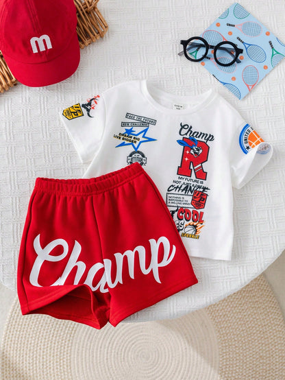 Bubblio 2pcs/Set Baby Boy Cute Summer Casual Sports Letter Print Short Sleeve T-Shirt & Elastic Waist Shorts Set