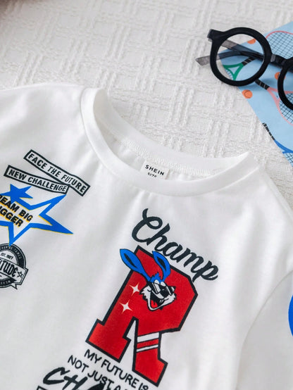 Bubblio 2pcs/Set Baby Boy Cute Summer Casual Sports Letter Print Short Sleeve T-Shirt & Elastic Waist Shorts Set