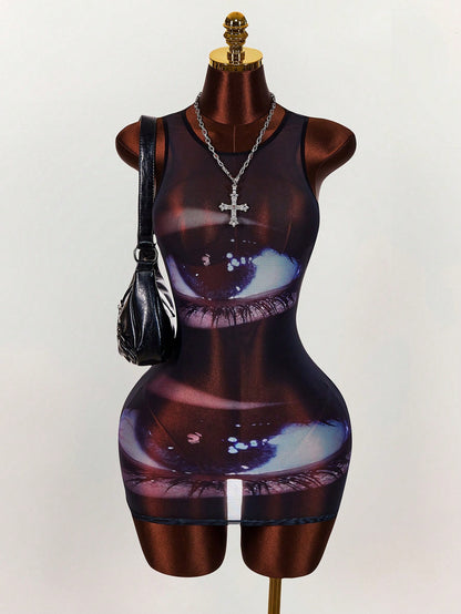 Bumpella Face Lip Print Sheer Bodycon Mini Dress For Women,Summer Dresses For Women Club Going Out Night Out Black Sexy
