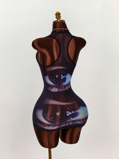 Bumpella Face Lip Print Sheer Bodycon Mini Dress For Women,Summer Dresses For Women Club Going Out Night Out Black Sexy