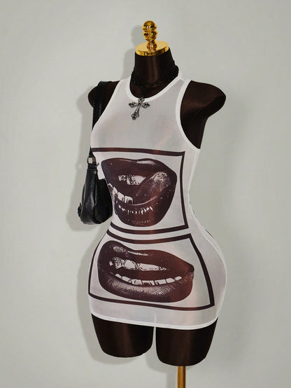 Bumpella Face Lip Print Sheer Bodycon Mini Dress For Women,Summer Dresses For Women Club Going Out Night Out Black Sexy