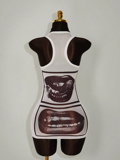 Bumpella Face Lip Print Sheer Bodycon Mini Dress For Women,Summer Dresses For Women Club Going Out Night Out Black Sexy