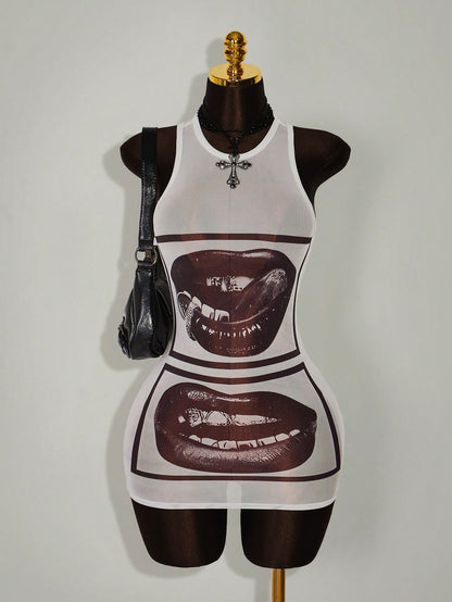 Bumpella Face Lip Print Sheer Bodycon Mini Dress For Women,Summer Dresses For Women Club Going Out Night Out Black Sexy