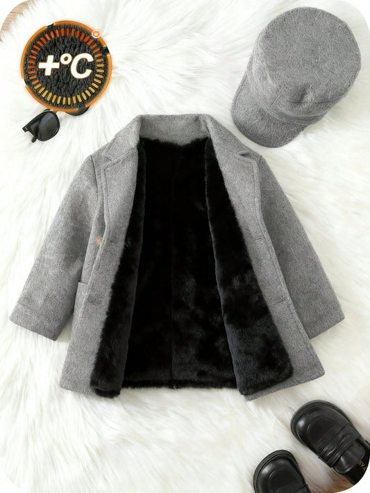 Buy 1 Get 1 Free Baby Boy/Girl 2pcs/Set Fleece Thickened Grey Autumn Coat Jacket With Hat,Padded Quilted Winter Black Modest,Outdoor Skiing Daily Wear