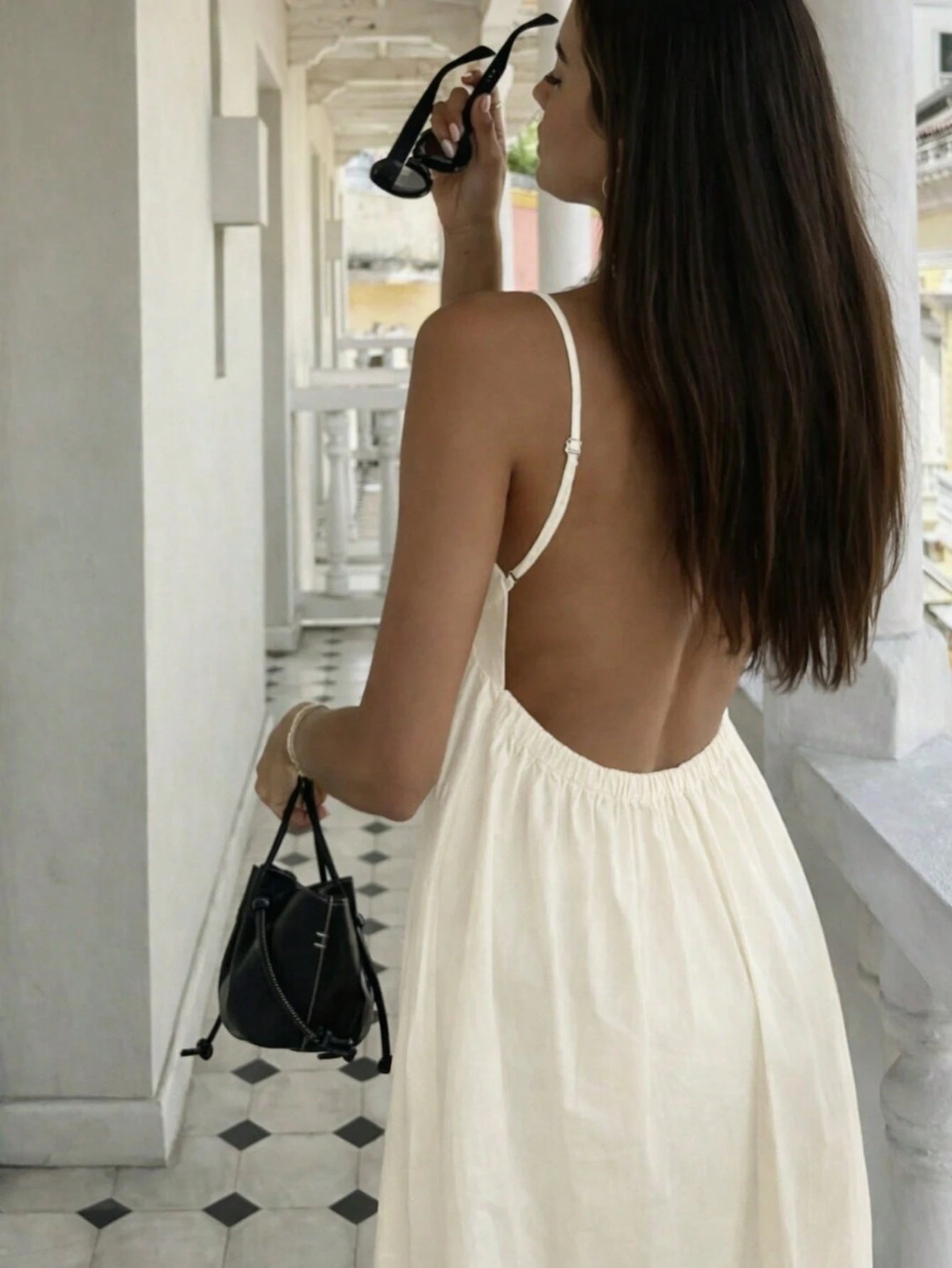 Cévolie Women's Sexy Backless Spaghetti Strap Solid Color Vacation Beach Dress