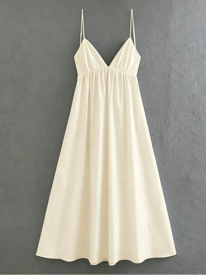Cévolie Women's Sexy Backless Spaghetti Strap Solid Color Vacation Beach Dress