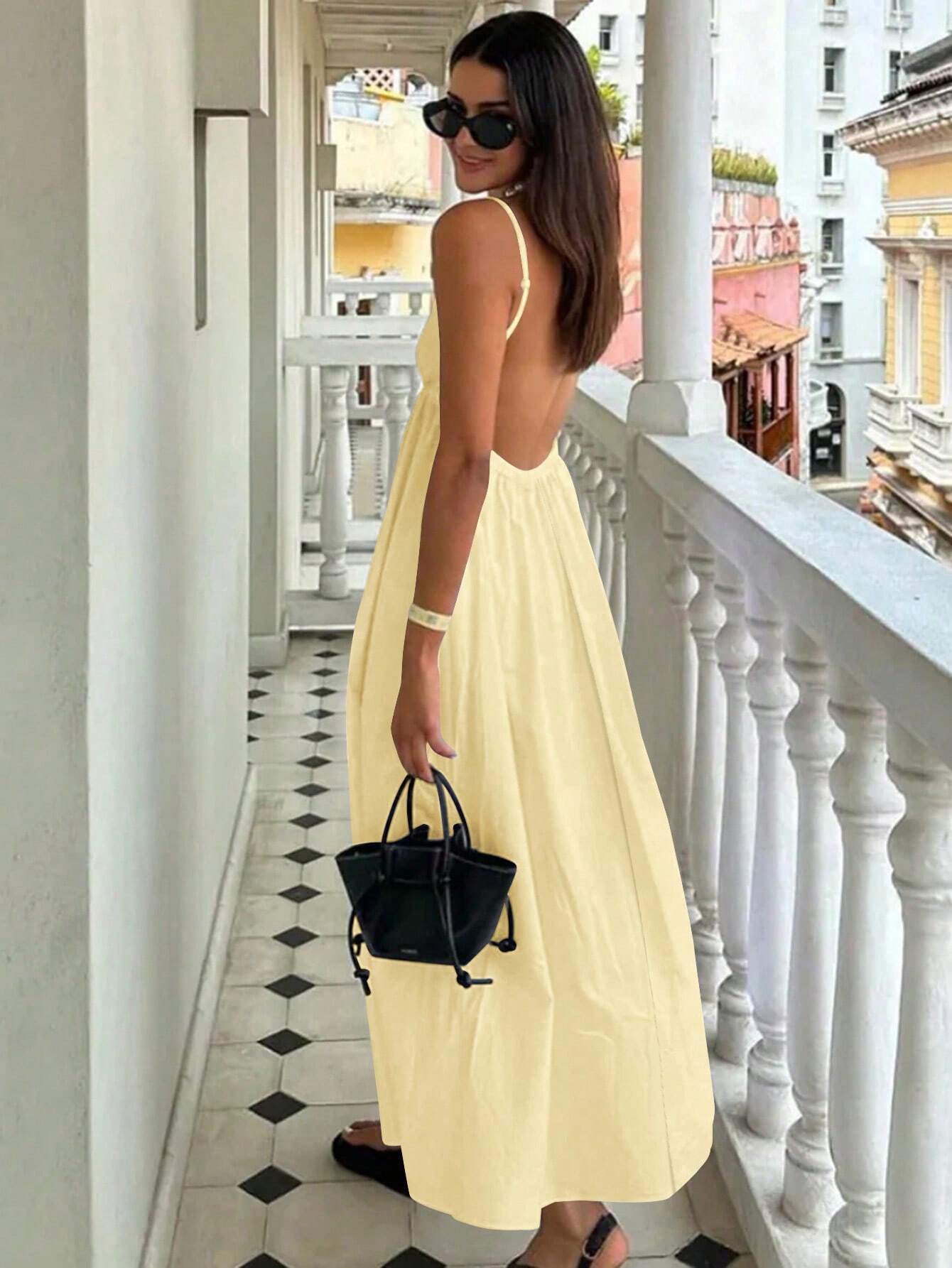 Cévolie Women's Sexy Backless Spaghetti Strap Solid Color Vacation Beach Dress