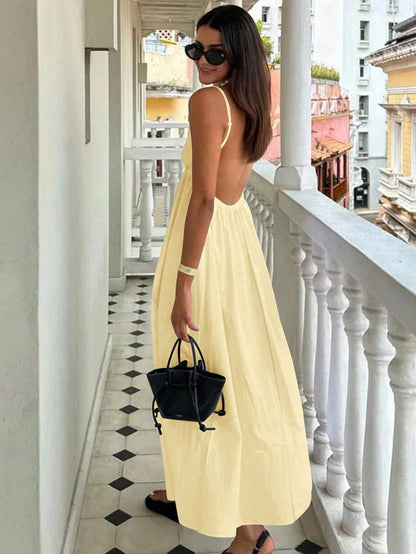 Cévolie Women's Sexy Backless Spaghetti Strap Solid Color Vacation Beach Dress