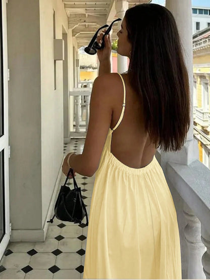 Cévolie Women's Sexy Backless Spaghetti Strap Solid Color Vacation Beach Dress