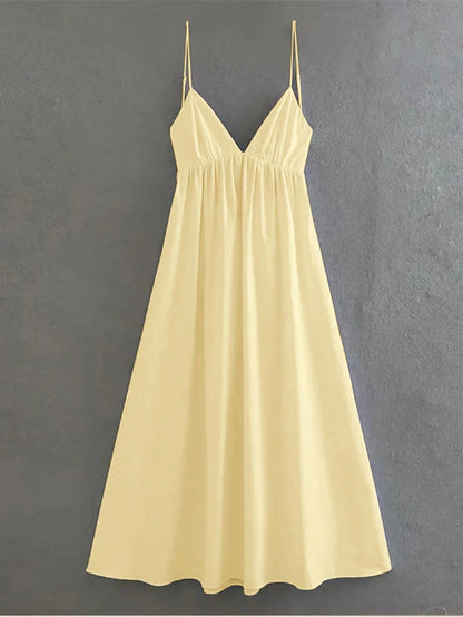 Cévolie Women's Sexy Backless Spaghetti Strap Solid Color Vacation Beach Dress