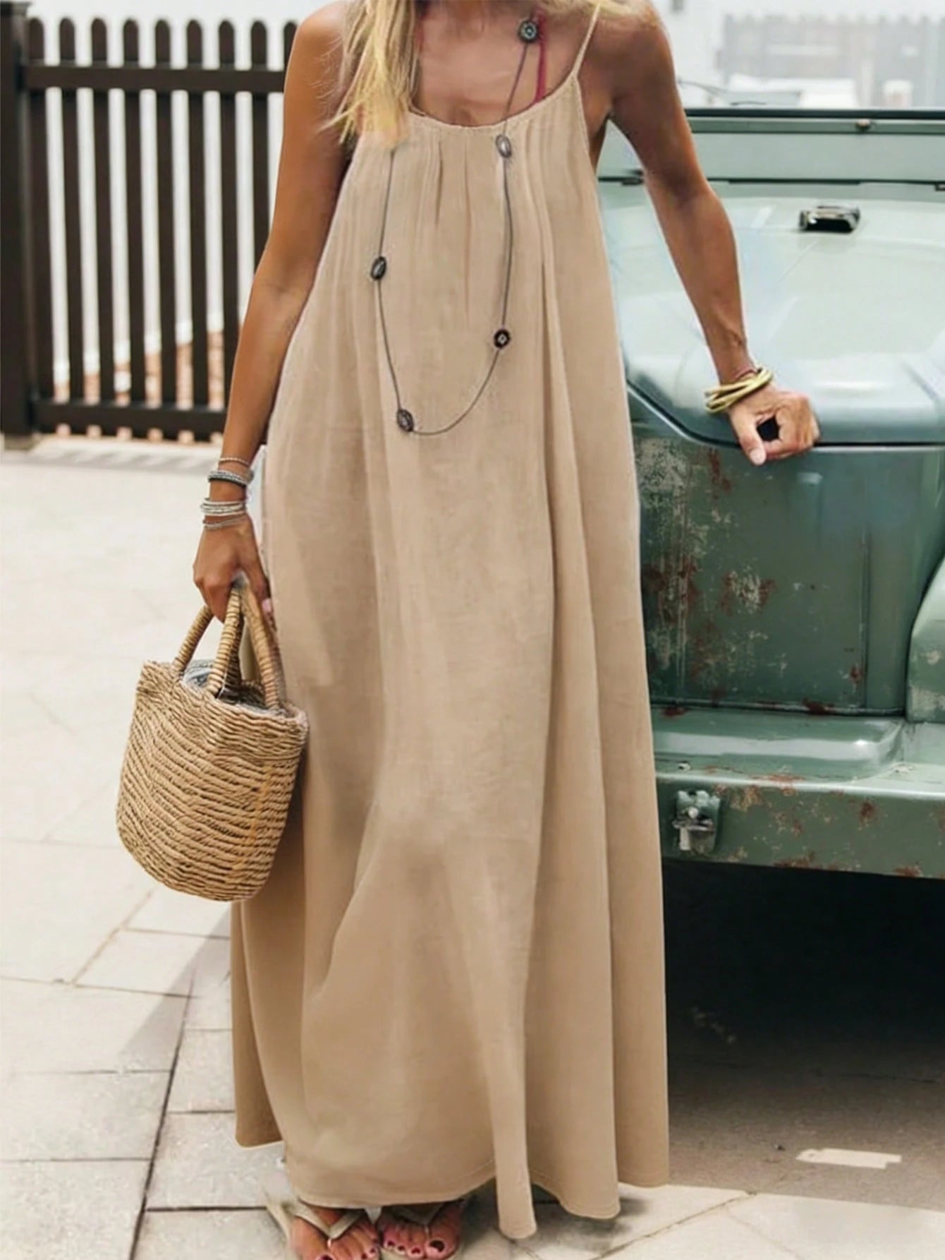 Cévolie Women's Solid Color Spaghetti Strap Sleeveless Casual Loose Long Dress For Summer