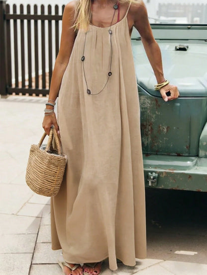 Cévolie Women's Solid Color Spaghetti Strap Sleeveless Casual Loose Long Dress For Summer