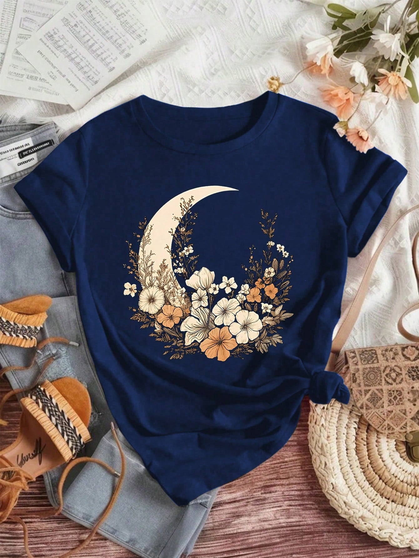 Calvaya Tree Of Life Printed Casual Short Sleeved T-Shirt, Spring And Summer Short Sleeved Casual Top, Women's Clothing Graphic Tees Women Tops