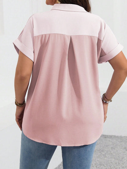 Calvaya Women Plus Size Color-Block Short Sleeve Simple Daily Shirt, Summer