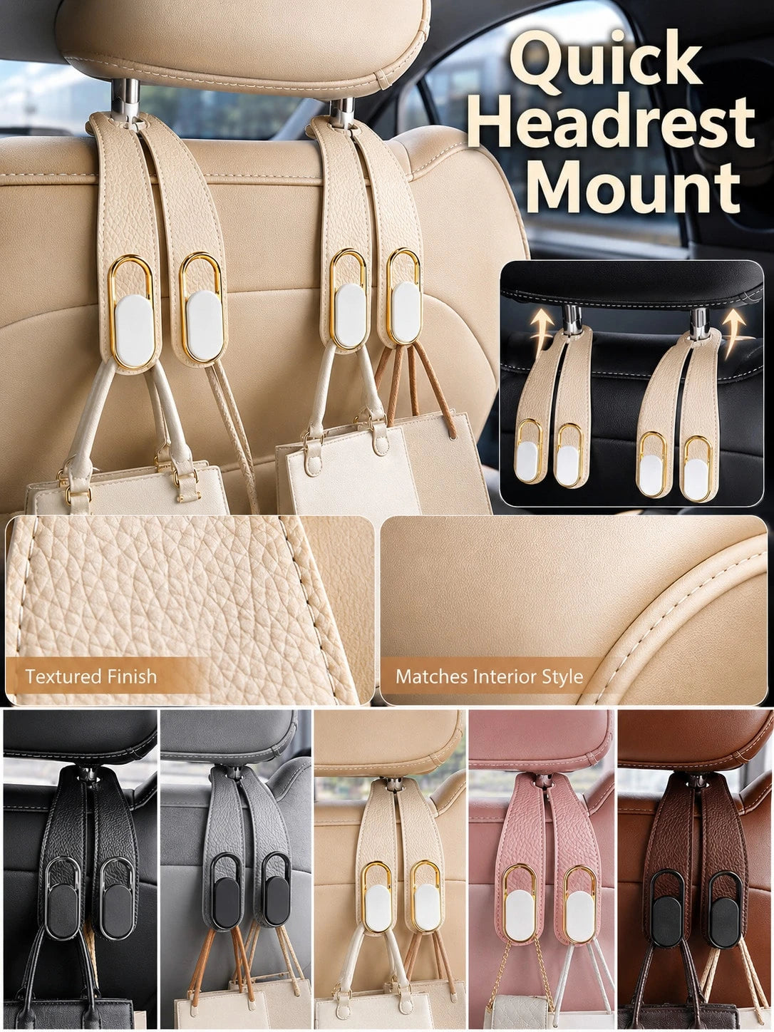 Car Headrest Hook, For Handbags And Bags, PU Leather Double Hook Holder, 5 Colors, Car Seat Back Handbag Holder, Universal Vehicle Storage Organizer, Suitable For Handbags, Shopping Bags, Backpacks, C