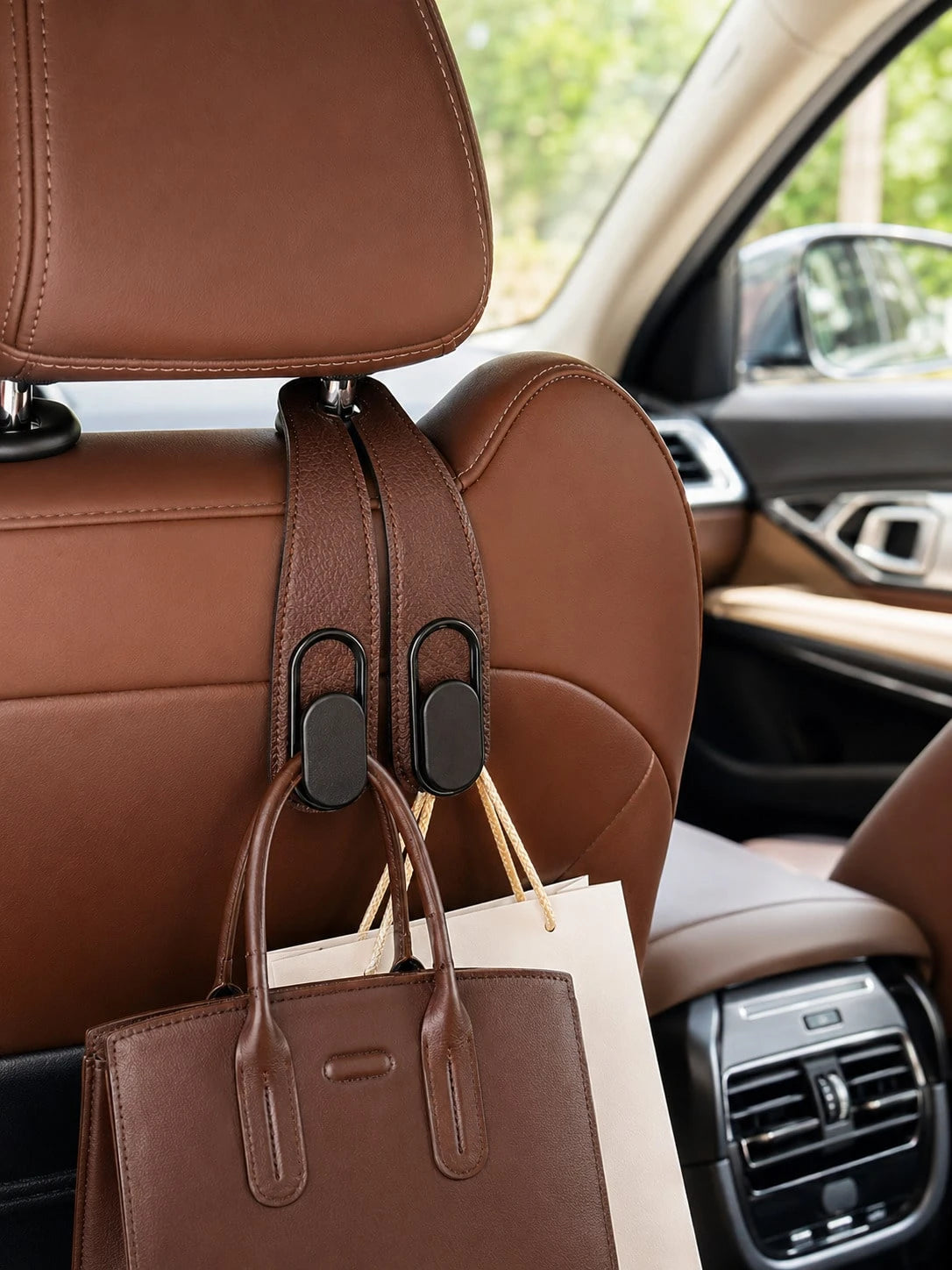 Car Headrest Hook, For Handbags And Bags, PU Leather Double Hook Holder, 5 Colors, Car Seat Back Handbag Holder, Universal Vehicle Storage Organizer, Suitable For Handbags, Shopping Bags, Backpacks, C