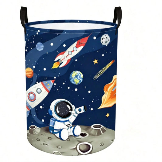 Cartoon Astronaut Space Planet Print Collapsible Laundry Basket, Open Top With Handle, Suitable For Game Room And Bedroom Storage...