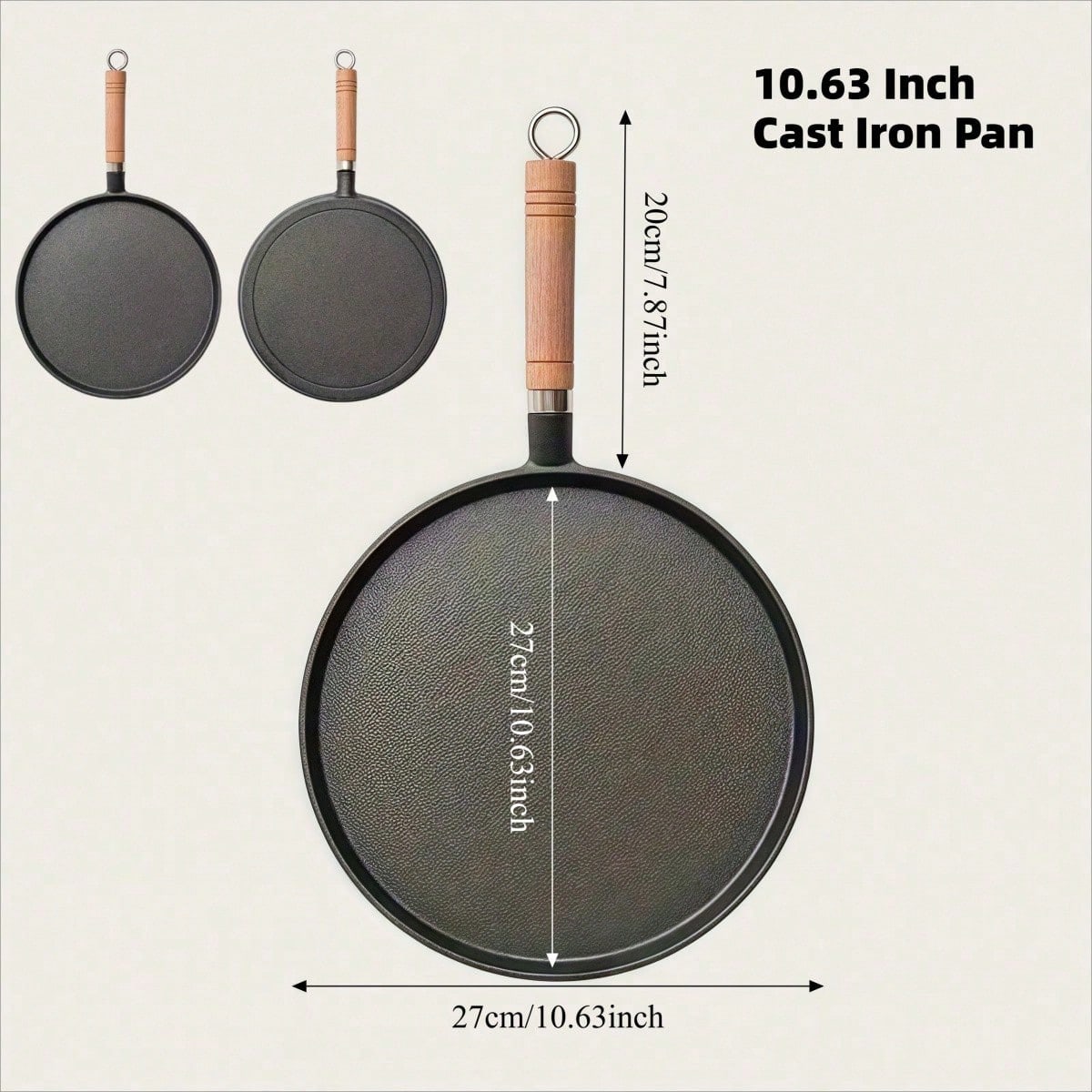 Cast Iron Skillet With Handle, 10.63inch Inch Frying Pan, Suitable Pancakes, Eggs, And Crepes, Durable Non-Stick Cookware, Suitable Induction Cookers, Gas Stoves, Campfires, Breakfast, Barbecue, Campi