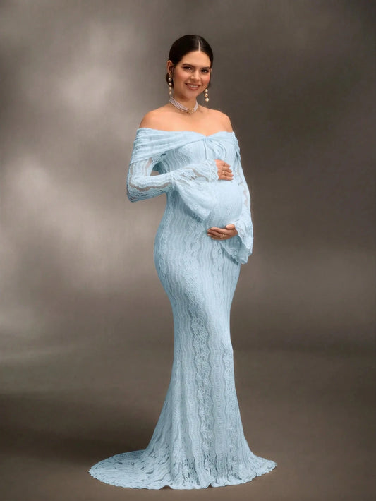 Cheriluna Maternity Christmas Party Dress/Elegant Party Dresses/Baby Shower Party Dress Elegant Off-Shoulder White Lace Long Sleeve Extra Long Mermaid Dress Suitable For Wedding, Party, Maternity Phot
