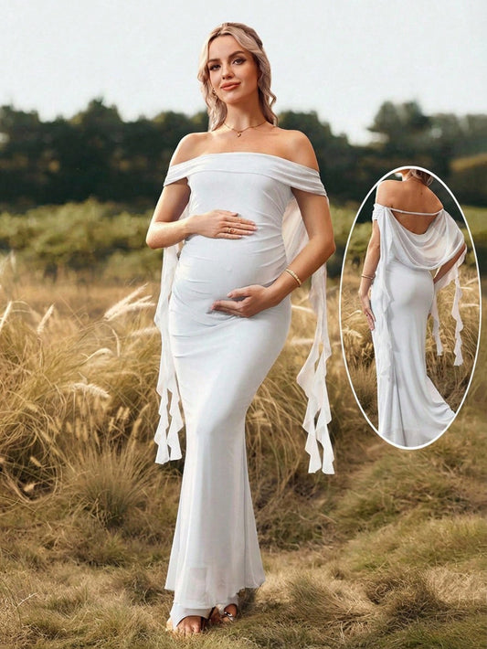 Cheriluna Maternity Solid Color Off-Shoulder Backless Maxi Maternity Dress For Baby Shower, Christmas Party, Elegant Party