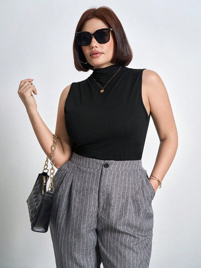 Chikora Plus Size Ruched Slim Fit Stand Collar Tank Top Concert,Business Casual Summer Tops Black Top