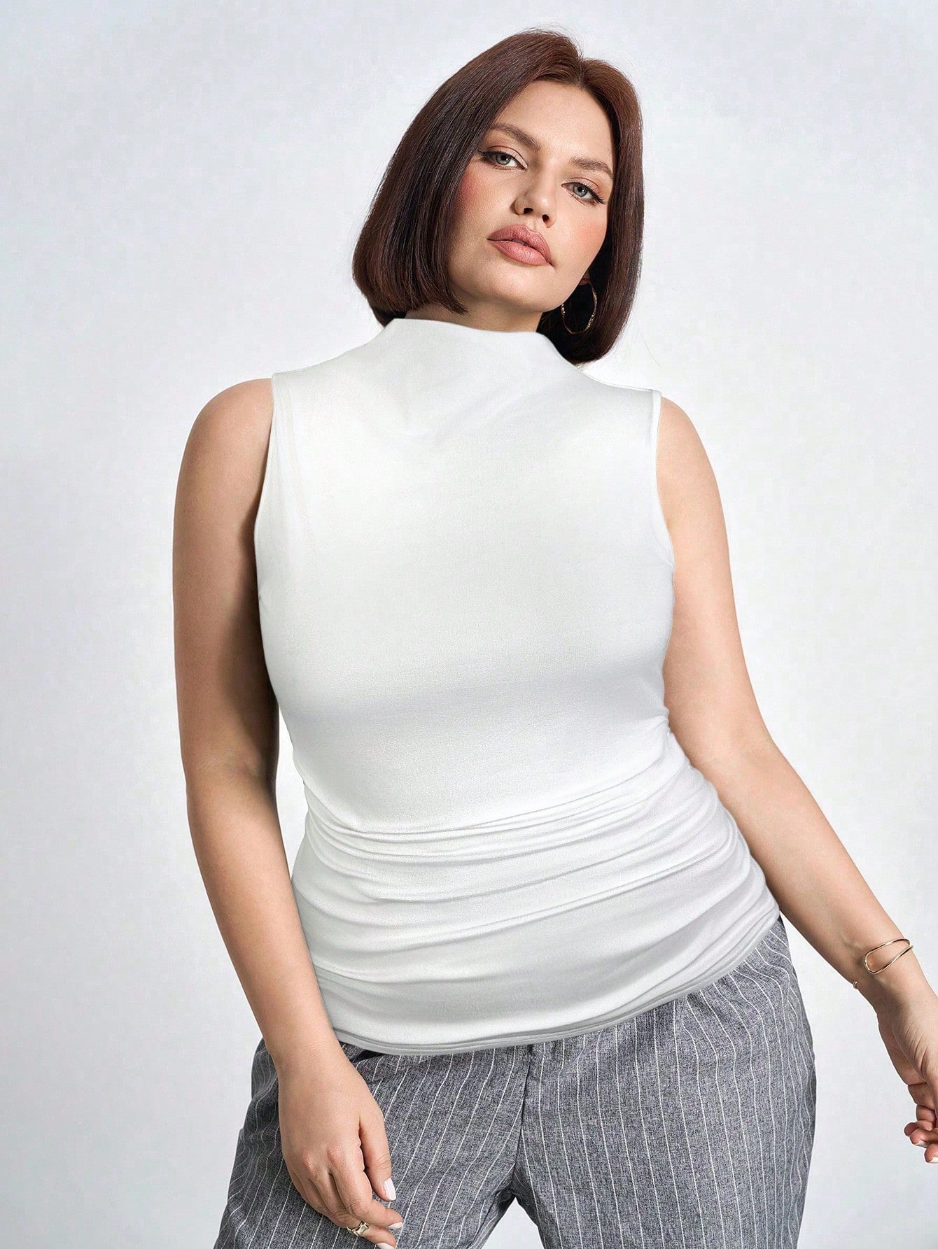 Chikora Plus Size Ruched Slim Fit Stand Collar Tank Top Concert,Business Casual Summer Tops Black Top
