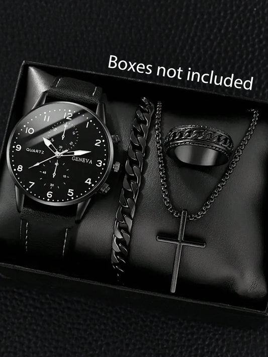 Children's 4-Piece Casual Quartz Watch Set, Black Dial And Fashion Accessories- Perfect Gift For Valentine's Day, Easter, Birthday, Christmas