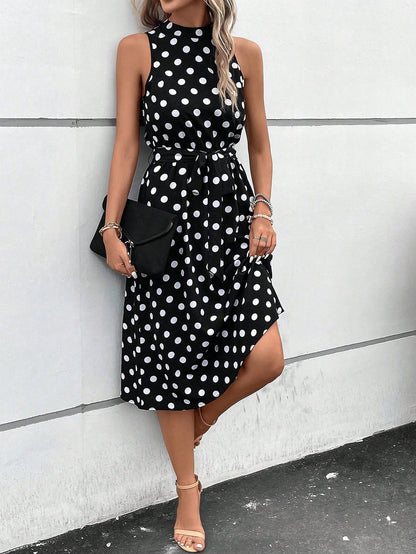 Clasi Black And White Polka Dot Summer Elegant Tea Party Dress,Women's Polka Dot Print Belted Casual Long Dresses,Wedding Guest Party Beach Vacation Outfit