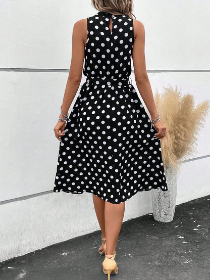Clasi Black And White Polka Dot Summer Elegant Tea Party Dress,Women's Polka Dot Print Belted Casual Long Dresses,Wedding Guest Party Beach Vacation Outfit