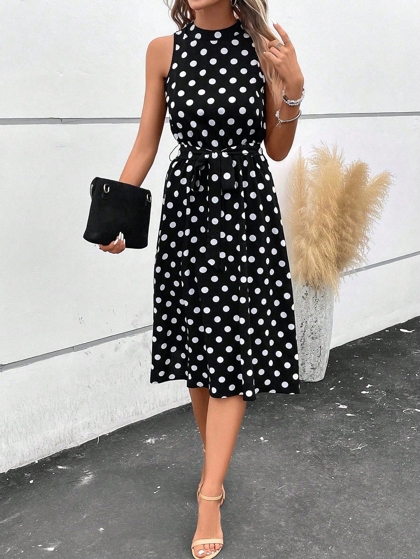 Clasi Black And White Polka Dot Summer Elegant Tea Party Dress,Women's Polka Dot Print Belted Casual Long Dresses,Wedding Guest Party Beach Vacation Outfit