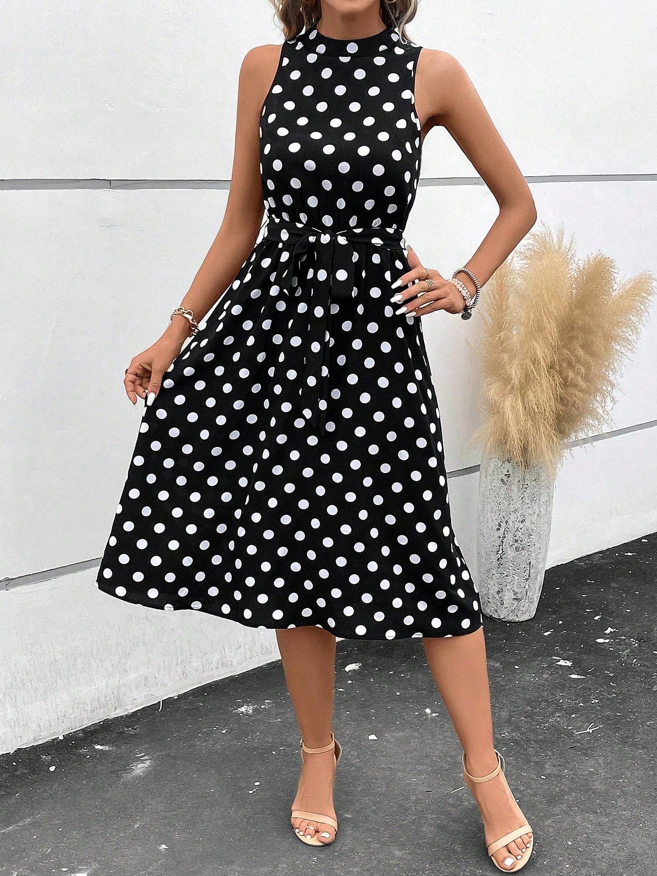 Clasi Black And White Polka Dot Summer Elegant Tea Party Dress,Women's Polka Dot Print Belted Casual Long Dresses,Wedding Guest Party Beach Vacation Outfit