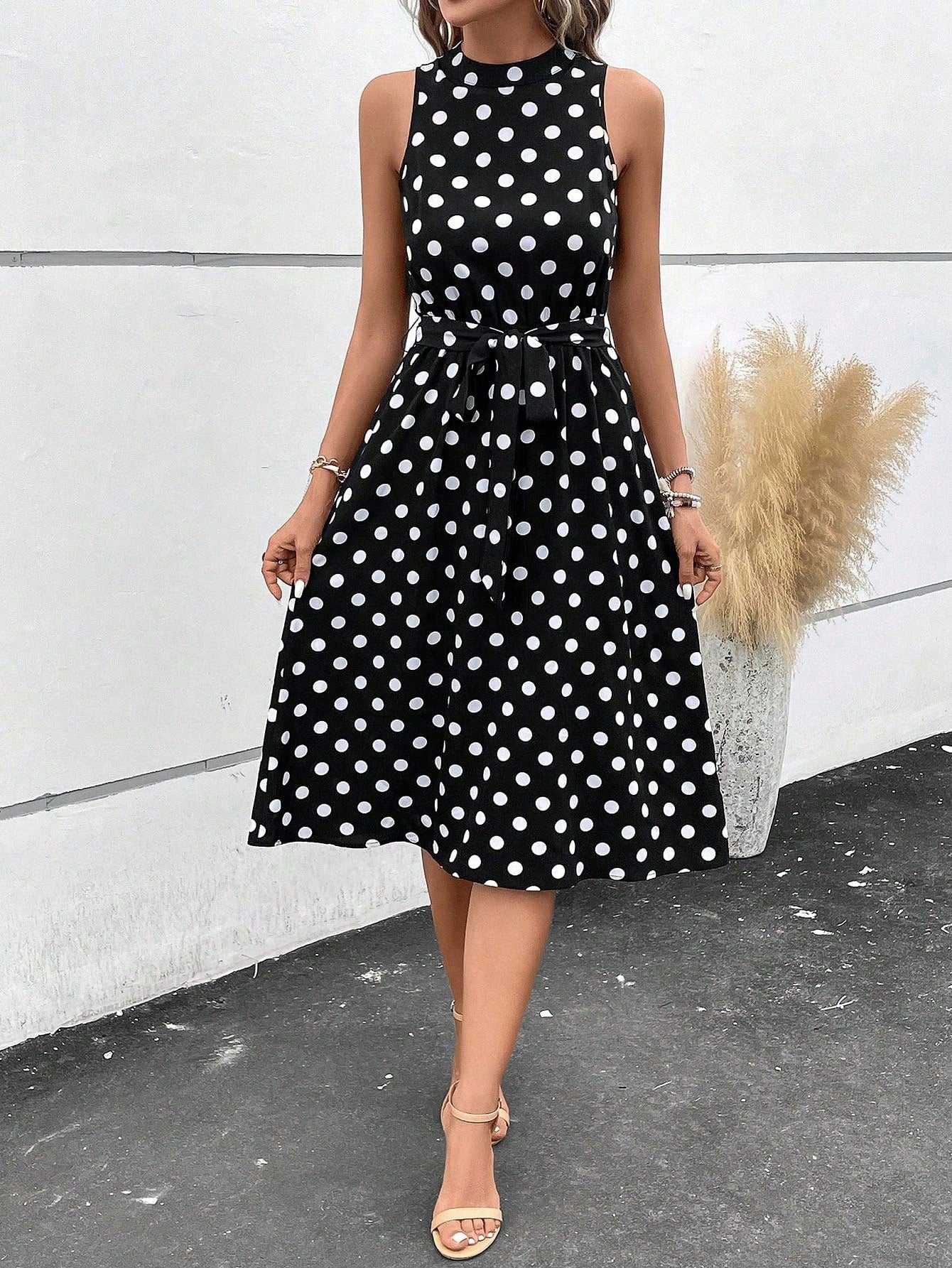 Clasi Black And White Polka Dot Summer Elegant Tea Party Dress,Women's Polka Dot Print Belted Casual Long Dresses,Wedding Guest Party Beach Vacation Outfit