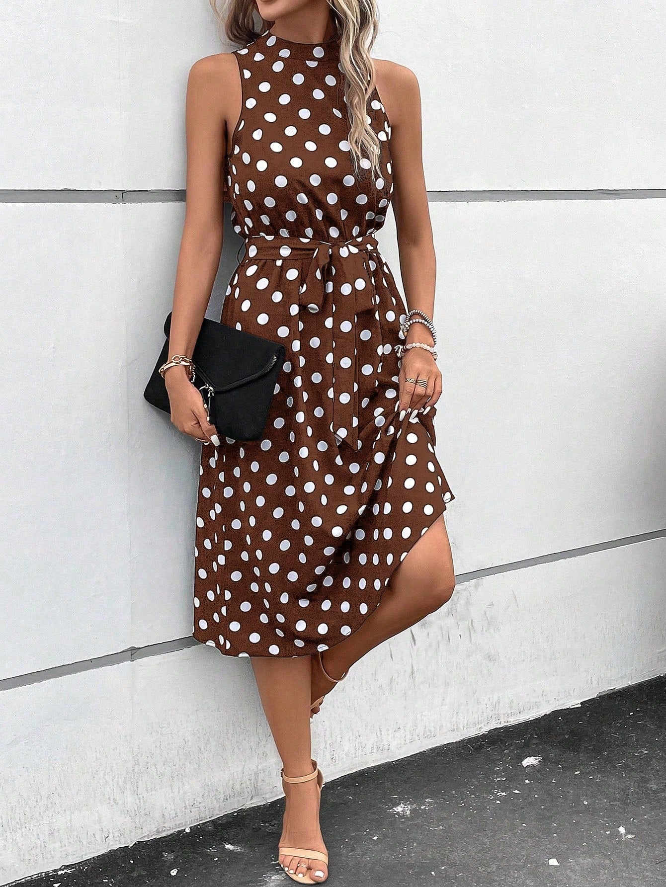 Clasi Black And White Polka Dot Summer Elegant Tea Party Dress,Women's Polka Dot Print Belted Casual Long Dresses,Wedding Guest Party Beach Vacation Outfit