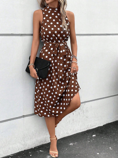 Clasi Black And White Polka Dot Summer Elegant Tea Party Dress,Women's Polka Dot Print Belted Casual Long Dresses,Wedding Guest Party Beach Vacation Outfit